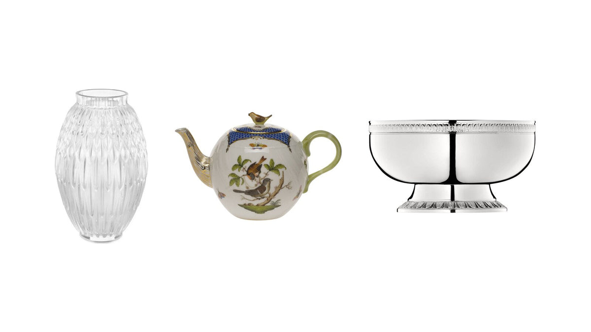 Lalique Plumes vase, Herend Rothschild Bird teapot and Christofle Malmaison silver-plated bowl