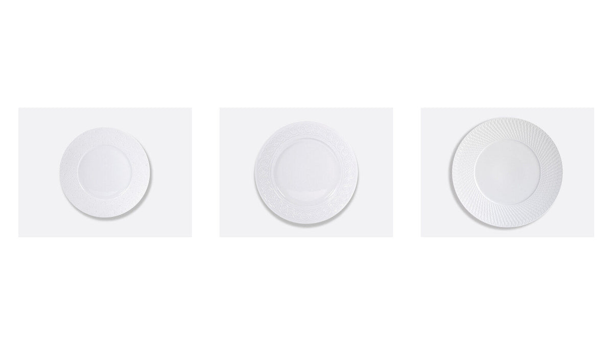 Bernardaud Ecume, Louvre and Twist white Limoges porcelain plates