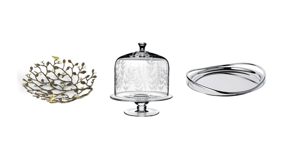 Michael Aram Lovebirds bowl, William Yeoward Fern cake stand and Christofle Vertigo tray – bridal shower gifts