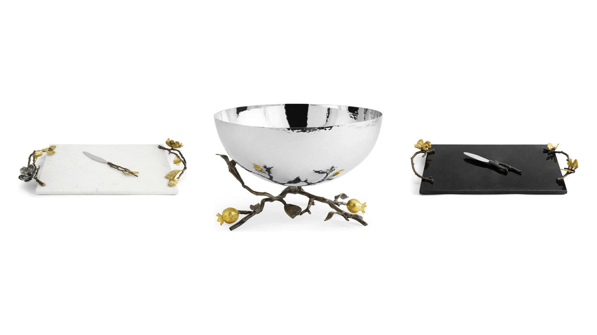 Michael Aram Vintage Bloom cheese board, Pomegranate serving bowl and Butterfly Ginkgo cheese board – charcuterie board gifts
