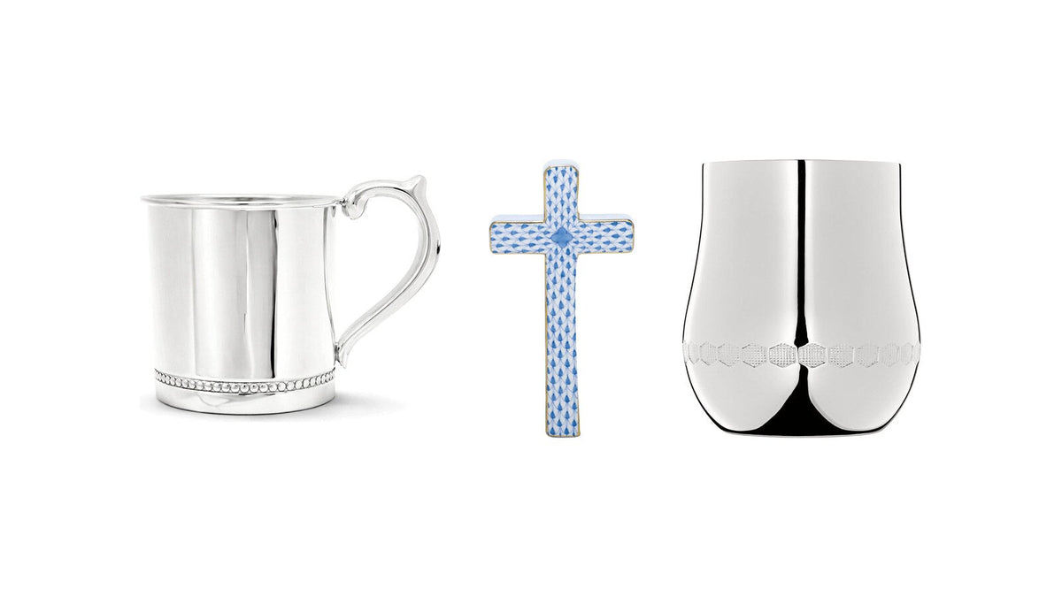 Cunill beaded sterling silver baby cup, Herend porcelain cross and Christofle Beebee baby cup – christening and baptism gifts