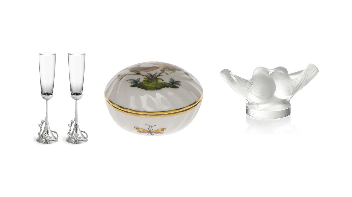 Michael Aram White Orchid toasting flutes, Herend Rothschild Bird ring box and Lalique crystal lovebirds – engagement gifts