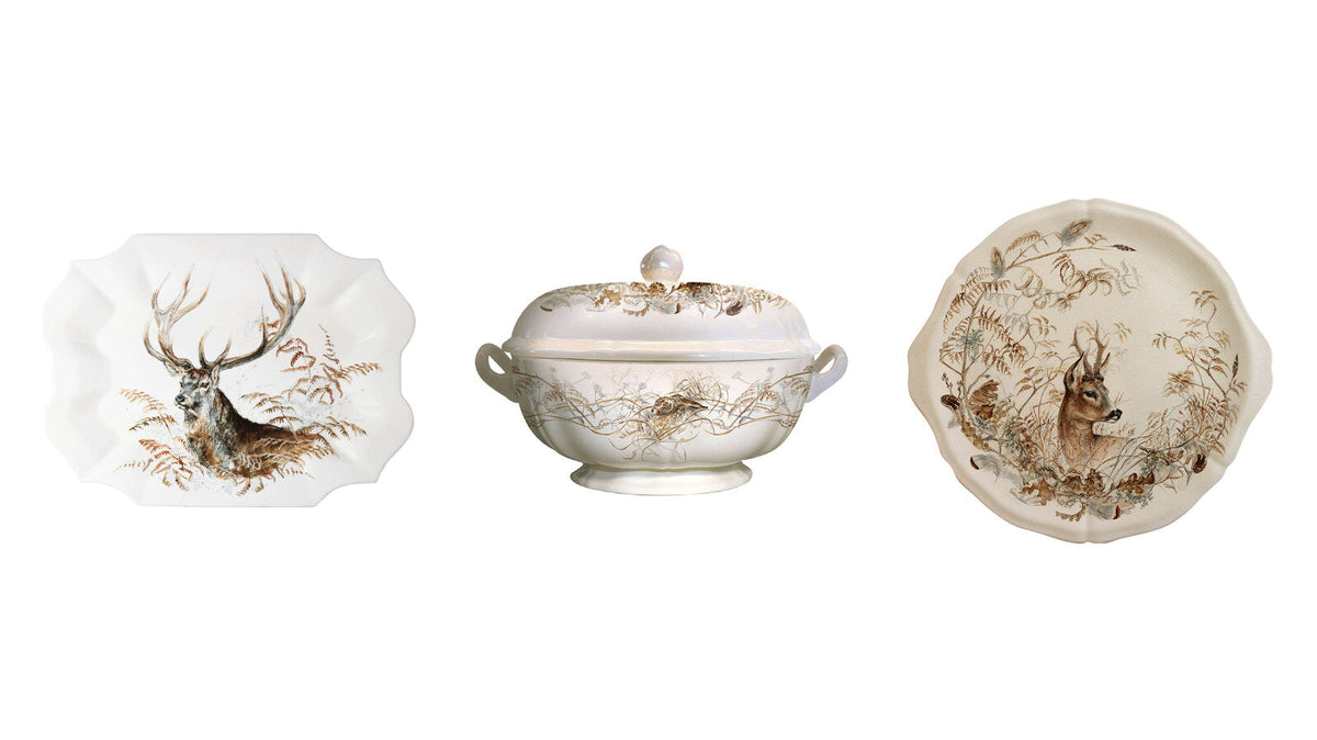 Gien Sologne stag serving platter, soup tureen and cake platter in French faience