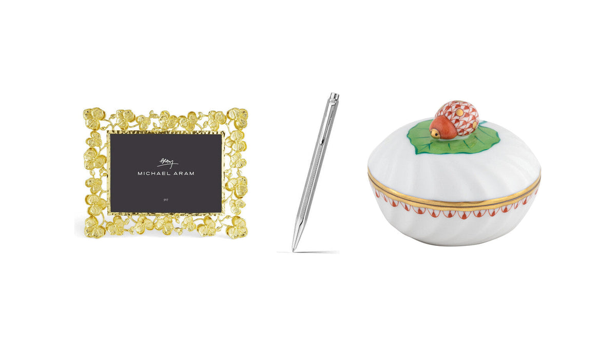 Michael Aram Orchid picture frame, Caran d'Ache Ecridor ballpoint pen and Herend Ladybug Box – gifts for coworkers