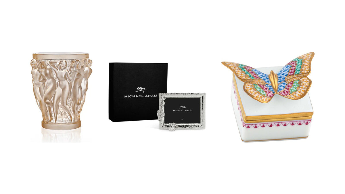 Lalique Bacchantes crystal vase, Michael Aram White Orchid frame and Herend Butterfly Box – gifts for your mother-in-law