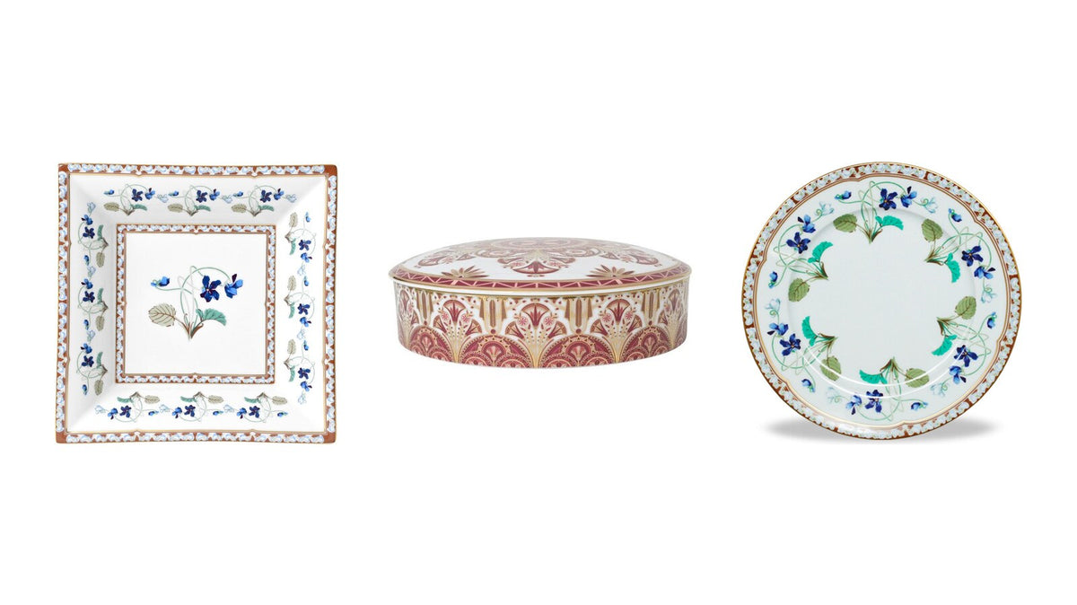Haviland Impératrice Eugénie valet tray, Rêves du Nil Pourpre candy box and Impératrice Eugénie dinner plate in Limoges porcelain