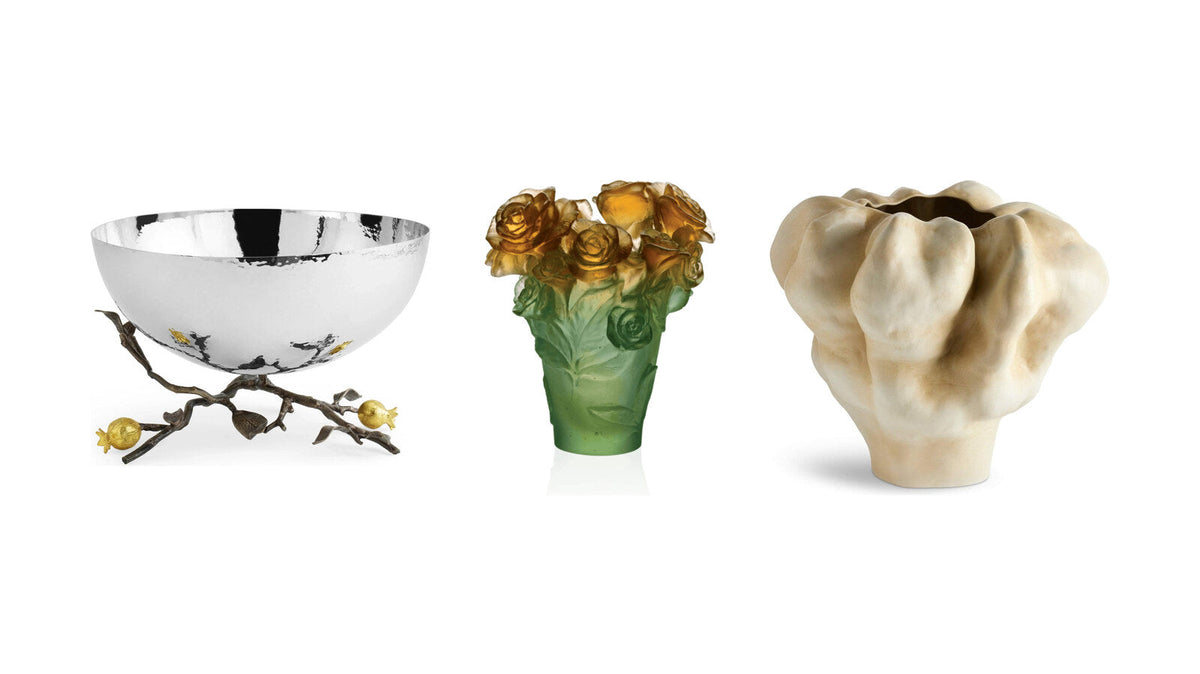 Michael Aram Pomegranate serving bowl, Daum Rose Passion crystal vase and L'Objet Timna vase – housewarming gifts