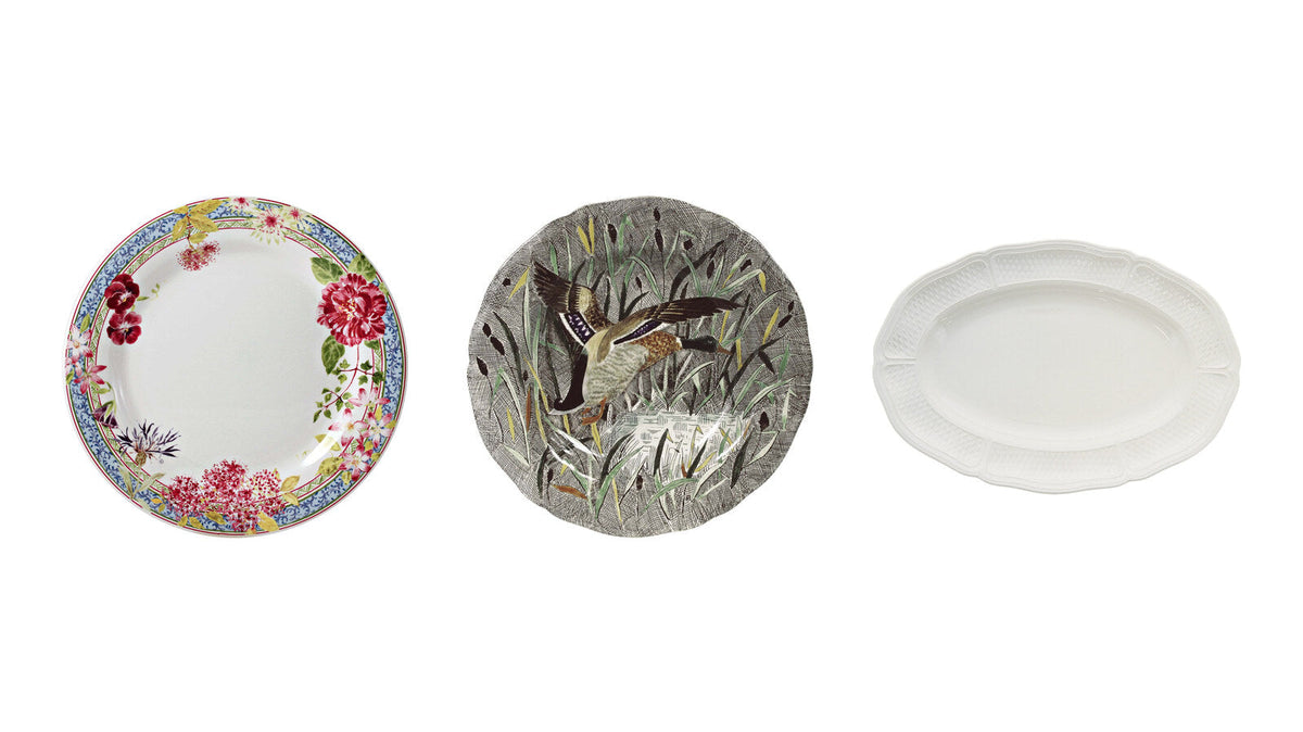 Gien Millefleurs dinner plate, Rambouillet duck dinner plate and Pont aux Choux white platter
