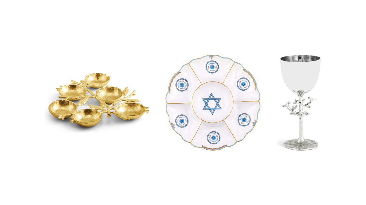 Michael Aram Pomegranate seder plate, Herend hand-painted seder plate and Michael Aram Tree of Life kiddush cup