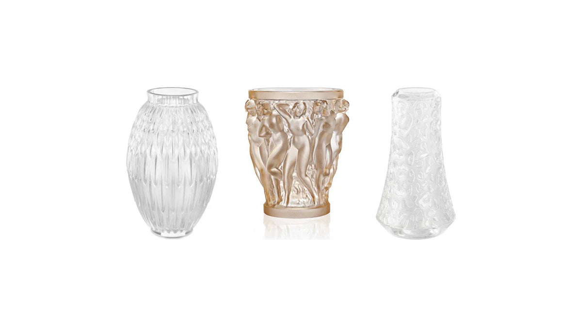 Lalique crystal vases: Plumes, Bacchantes and Panther