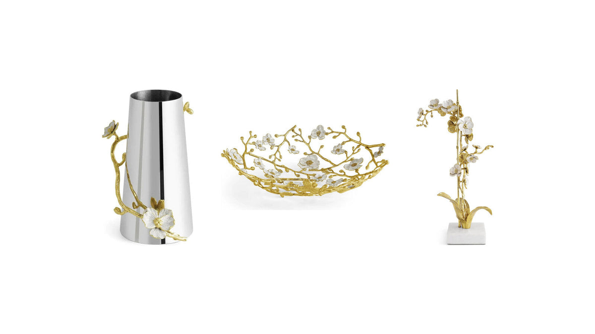 Michael Aram Orchid vase, Orchid basket and Orchid stem sculpture in golden brass and white enamel