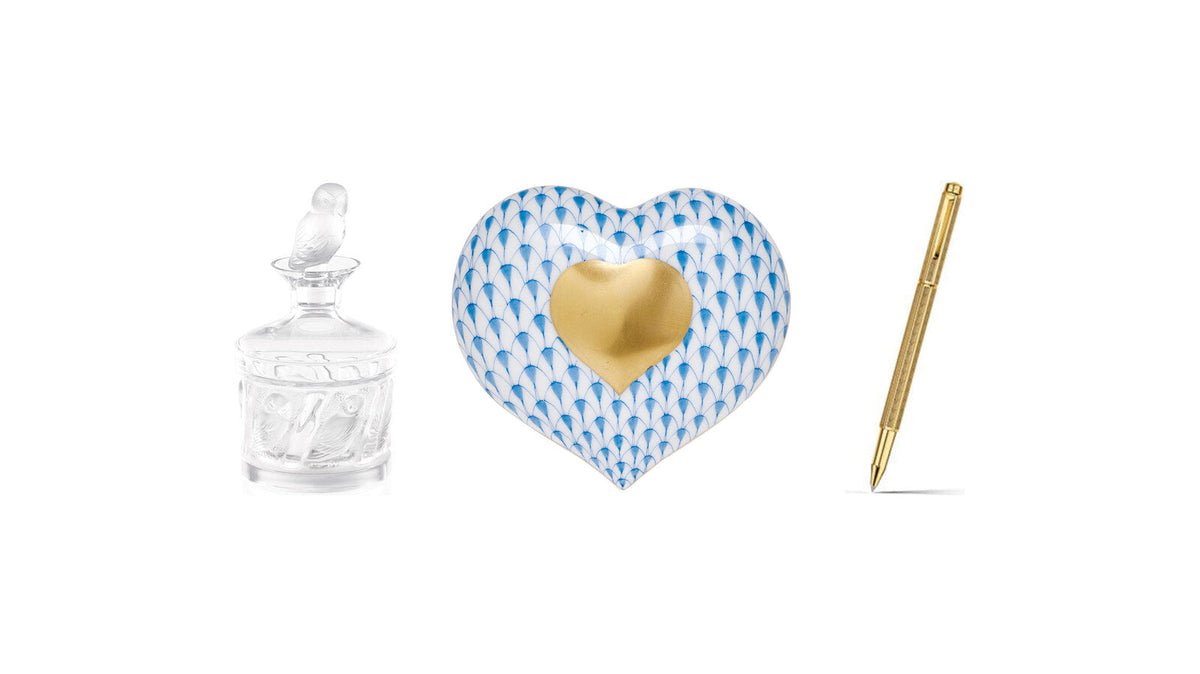 Lalique Owl crystal decanter, Herend Heart of Gold figurine and Caran d'Ache Ecridor pen – milestone birthday gifts