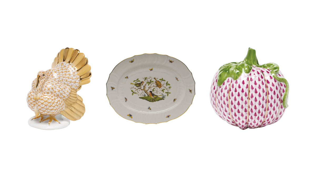 Herend Tom Turkey figurine, Rothschild Bird turkey platter and pumpkin figurine on a holiday table