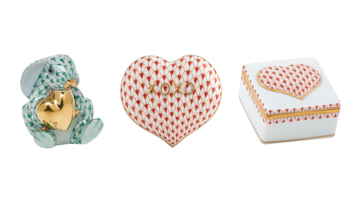 Herend porcelain Bunny with Heart, Hugs and Kisses heart and heart box – Valentine's Day gifts