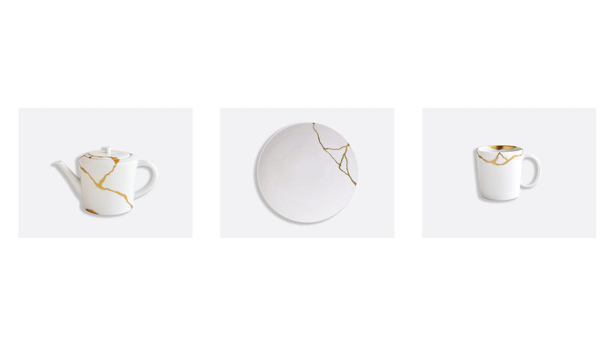 Bernardaud Kintsugi – Sarkis Limoges porcelain teapot, dinner plate and mug with gold seams