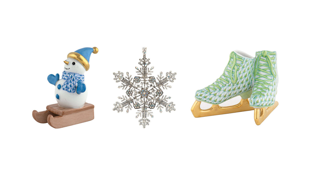 Herend sledding snowman, Jay Strongwater 2026 snowflake ornament and Herend ice skates figurine