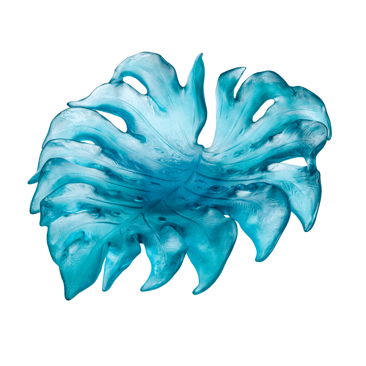 Daum Monstera Medium Bowl By Emilio Robba in Turquoise 25ex, handcrafted Daum crystal
