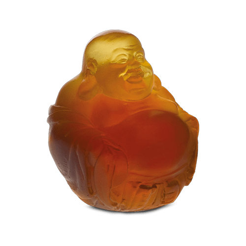 Daum Small Happy Buddha Amber Sculpture, handcrafted Daum crystal