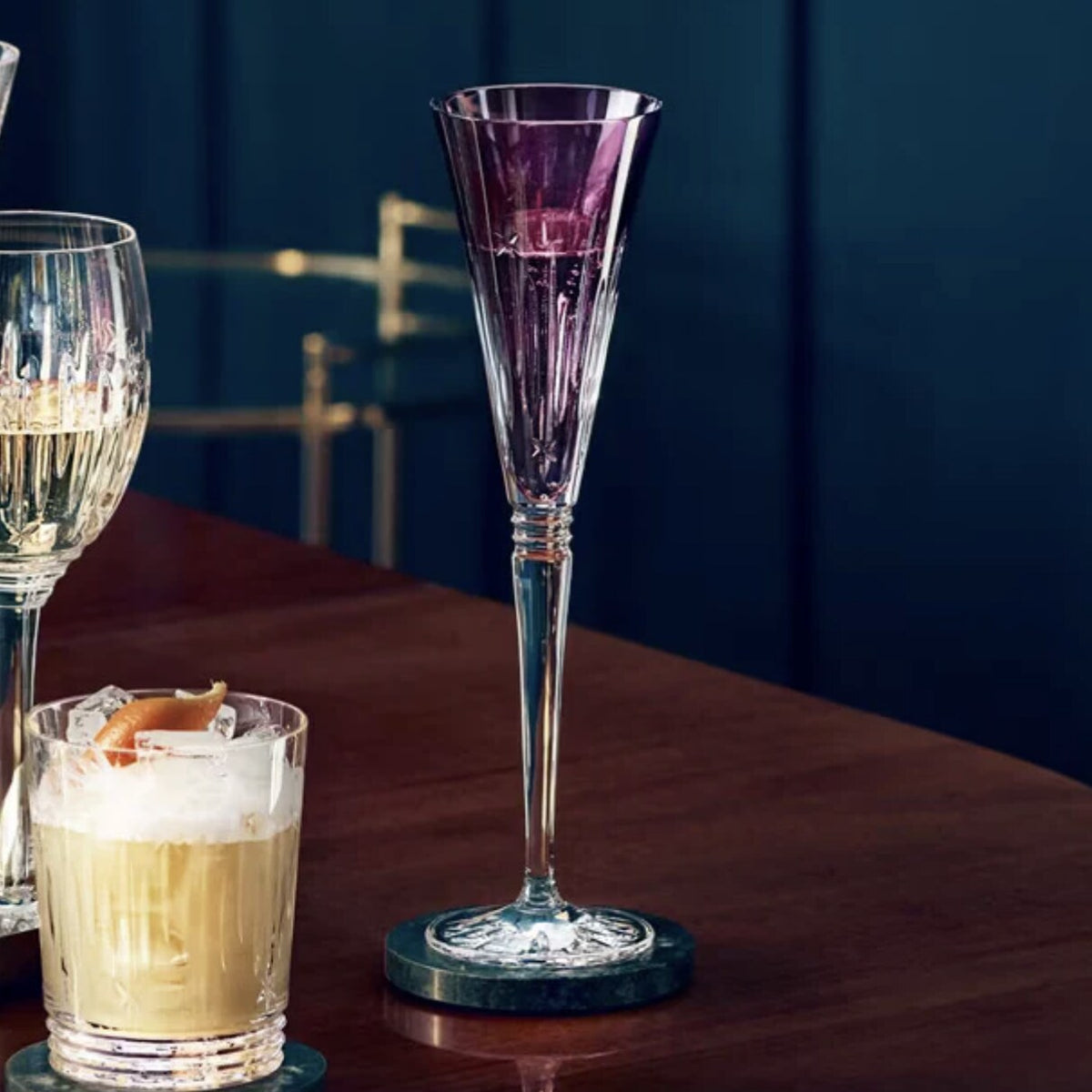 Waterford Winter Wonders Flute Midnight Frost in Lilac, with champagne