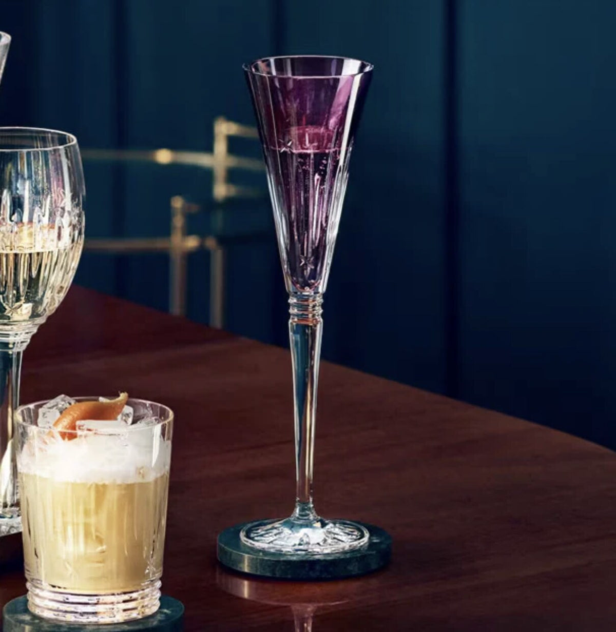 Waterford Winter Wonders Flute Midnight Frost in Lilac, with champagne