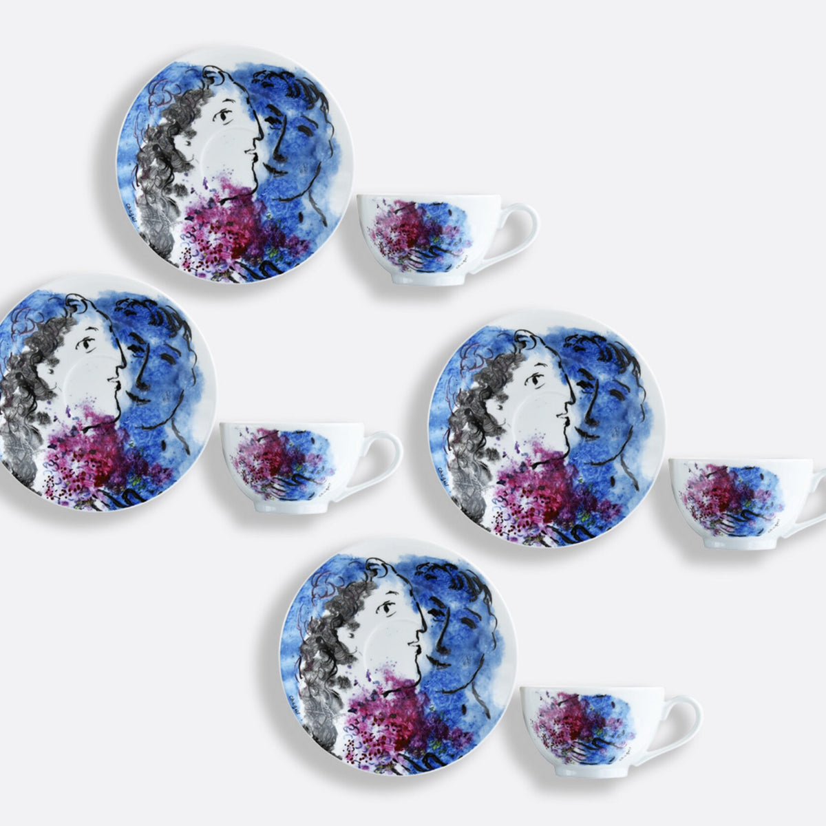 Bernardaud Les Bouquet De Fleurs by Marc Chagall set of 4 Tea Cups and Saucers