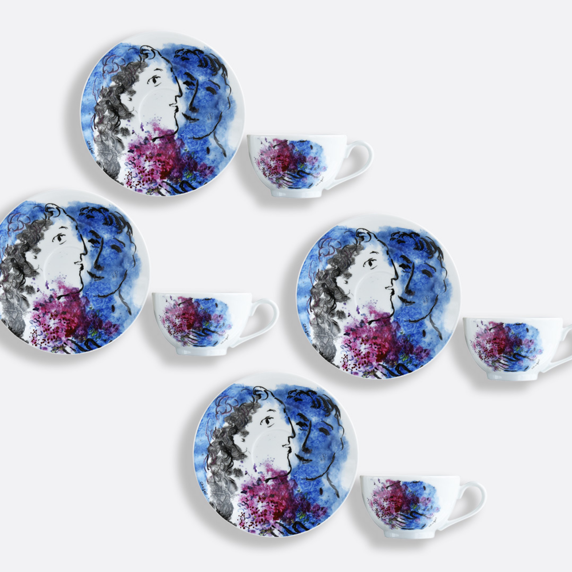 Bernardaud Les Bouquet De Fleurs by Marc Chagall set of 4 Tea Cups and Saucers