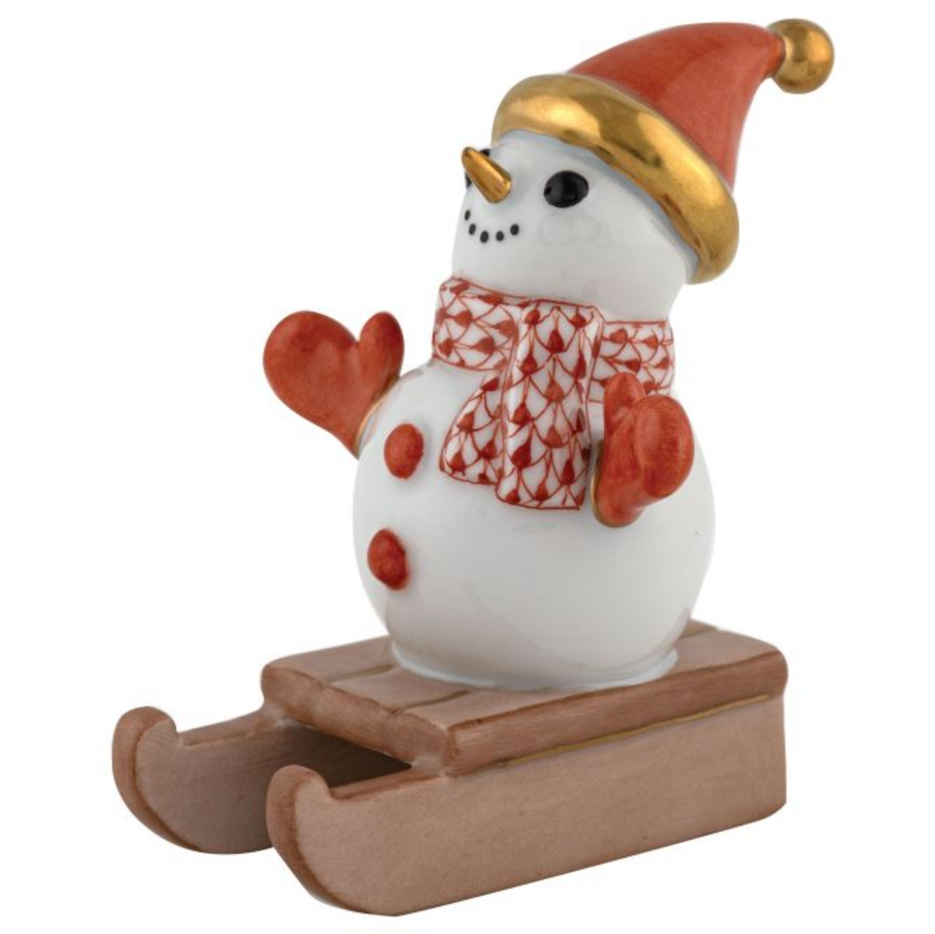 Herend-sledding-snowman-porcelain-figurine-rust