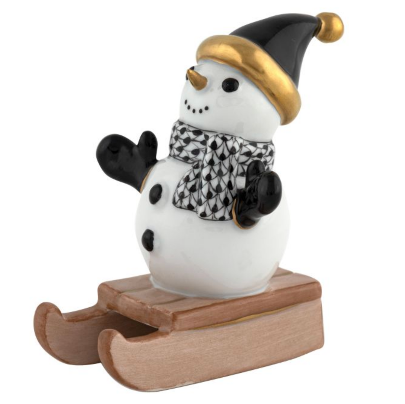 Herend-sledding-snowman-porcelain-figurine-black