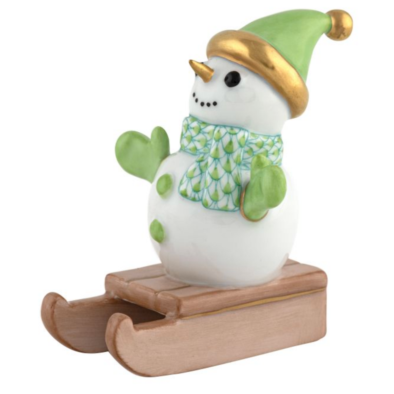 Herend-sledding-snowman-porcelain-figurine-keylime