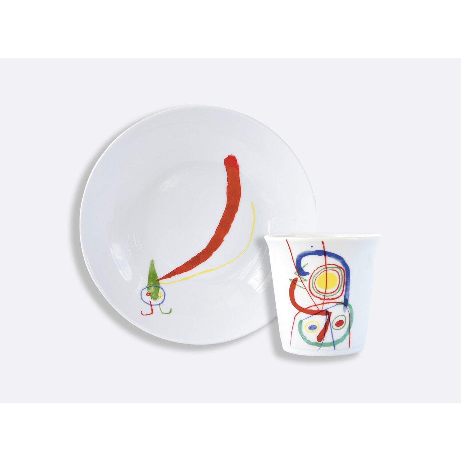 Bernardaud Gift box set of 1 coupe soup 7.5"+ tumbler, Limoges porcelain, À Toute Épreuve - Joan Miró collection, on a white background
