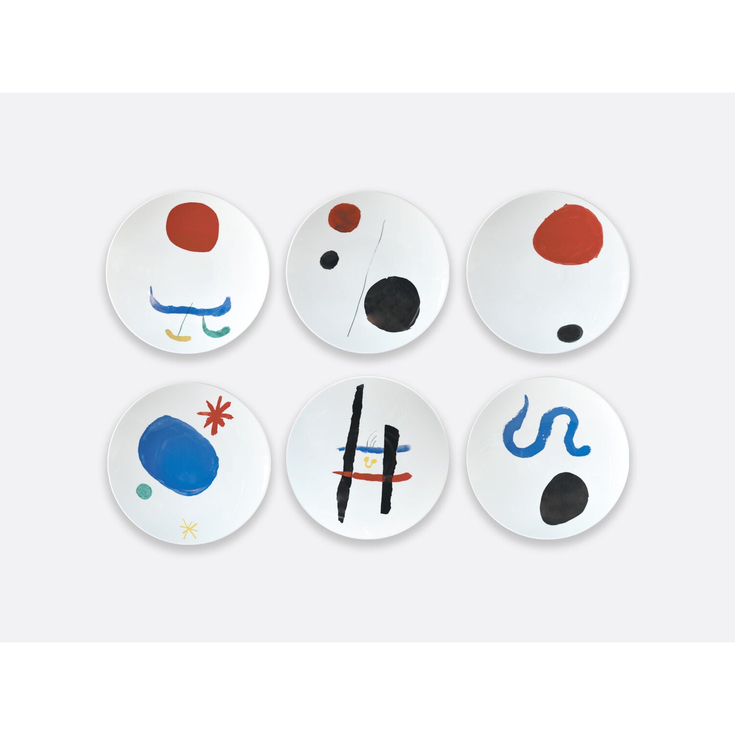 Bernardaud Set of 6 dinner plates 10.6", Limoges porcelain, À Toute Épreuve - Joan Miró collection, on a white background