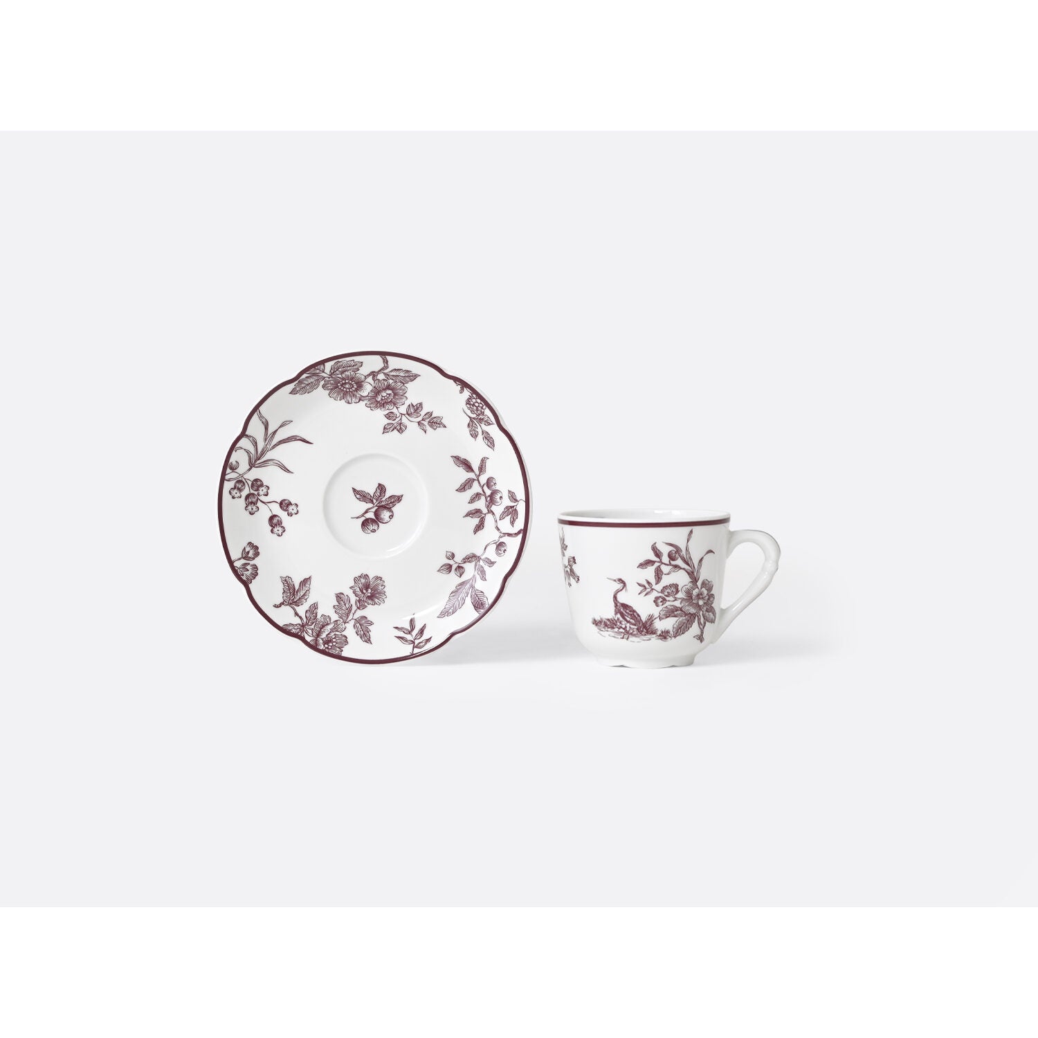 Bernardaud Moka cup and saucer gift box 2 oz Albertine Prune, Limoges porcelain, Albertine Plum collection, detail view
