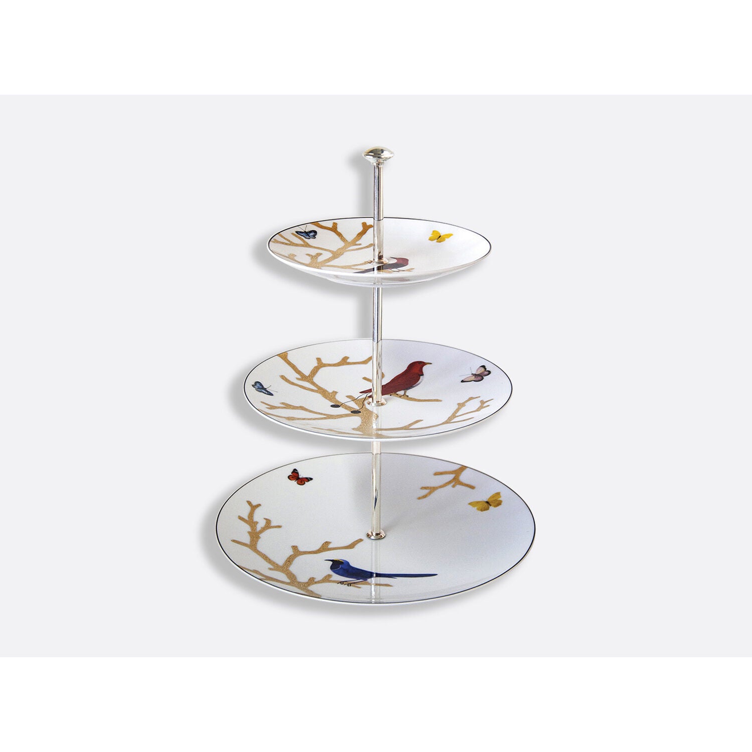Bernardaud 3-tier tray, Limoges porcelain, Aux Oiseaux collection, on a white background