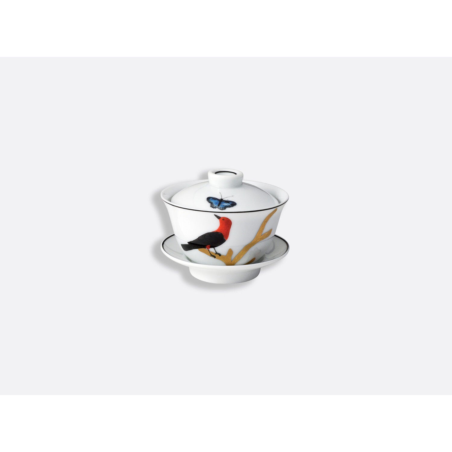 Bernardaud Small covered cup 3.5 oz, Limoges porcelain, Aux Oiseaux collection, on a white background