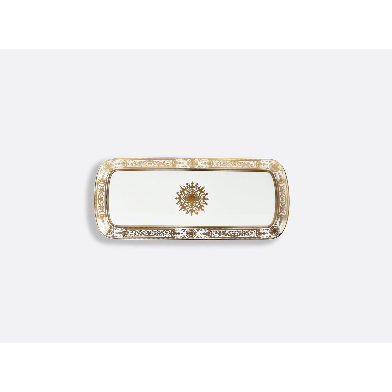 Bernardaud Rectangular cake platter 15", Limoges porcelain, Aux Rois Or collection, on a white background