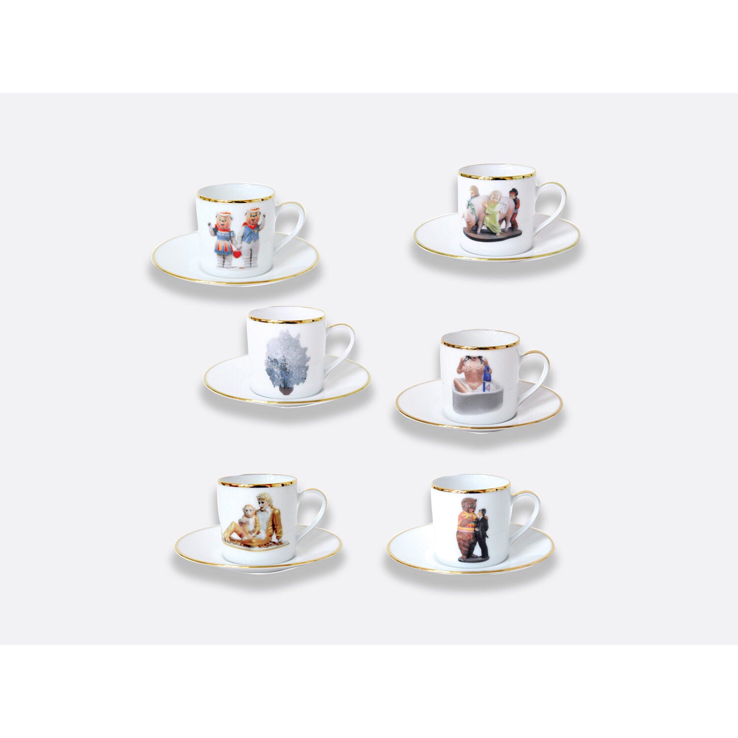 Bernardaud Gift box set of 6 espresso cups 3 oz and saucers, Limoges porcelain, Banality Series - Jeff Koons collection, on a white background