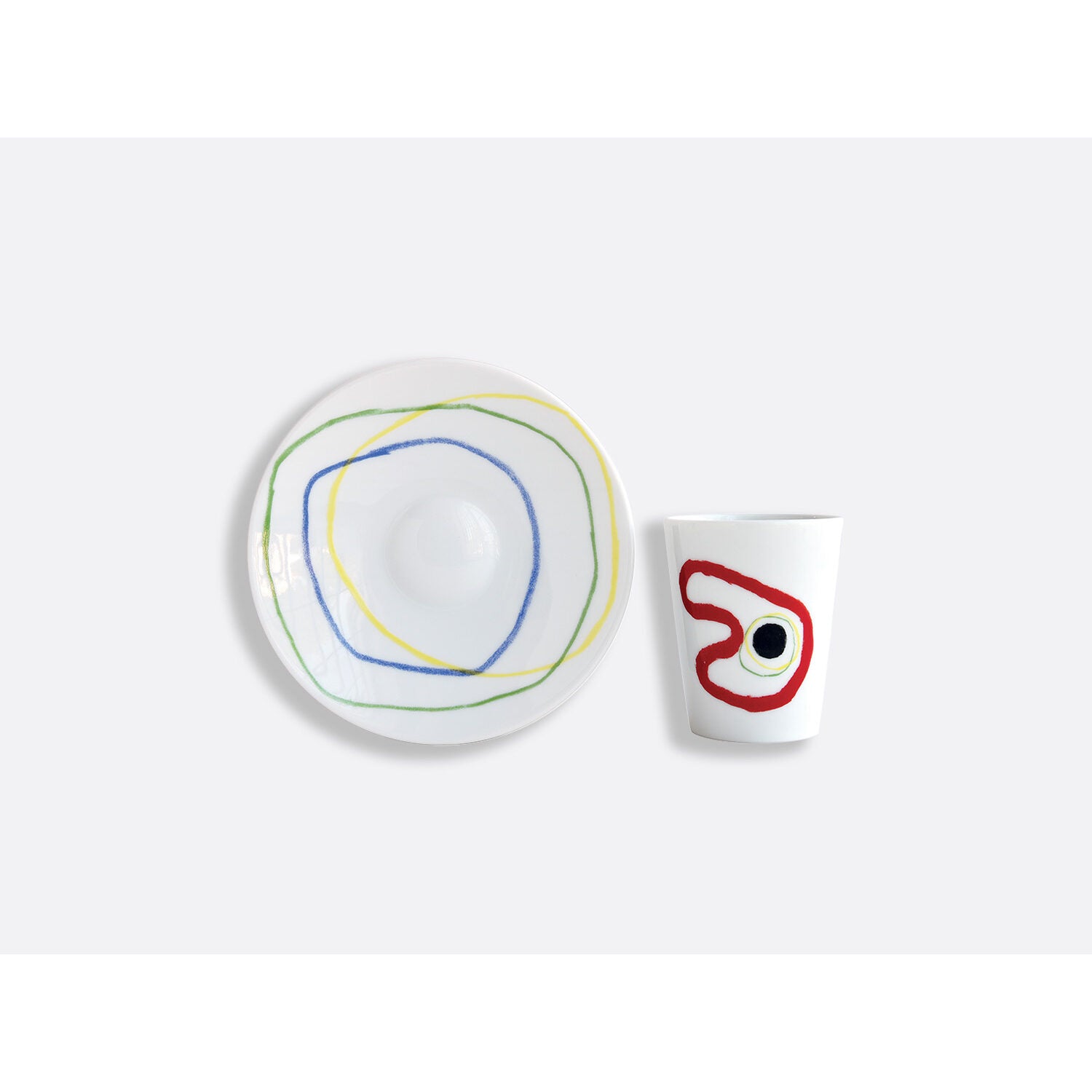 Bernardaud Set of 2 assorted cups and saucers 2.4 oz, Limoges porcelain, Joan Miró collection, detail view
