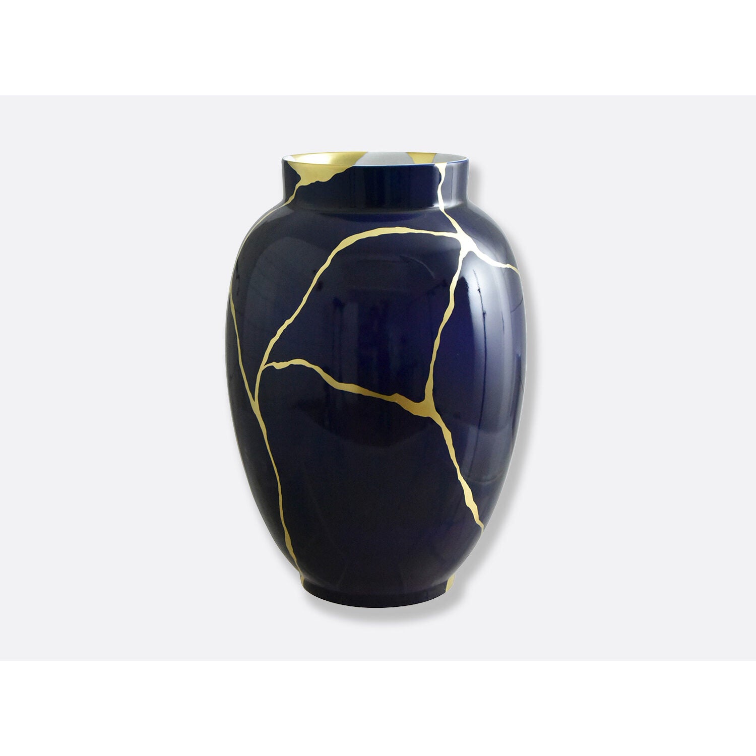 Bernardaud Cobalt blue large vase H. 22.4", Limoges porcelain, Kintsugi - Sarkis collection, on a white background