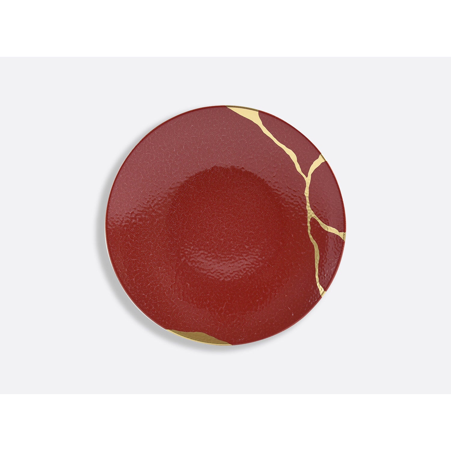Bernardaud Salad plate 8.5" Rouge Empereur in Emperor Red, Limoges porcelain, Kintsugi - Sarkis collection, on a white background