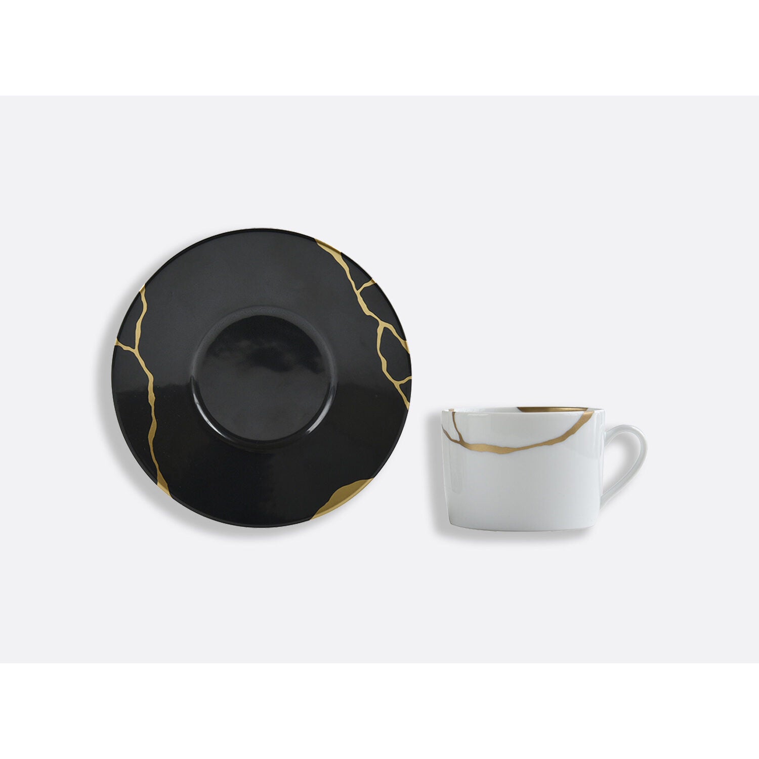 Bernardaud Set of tea cups and saucers 5 oz Charbon in Charcoal, Limoges porcelain, Kintsugi - Sarkis collection, detail view