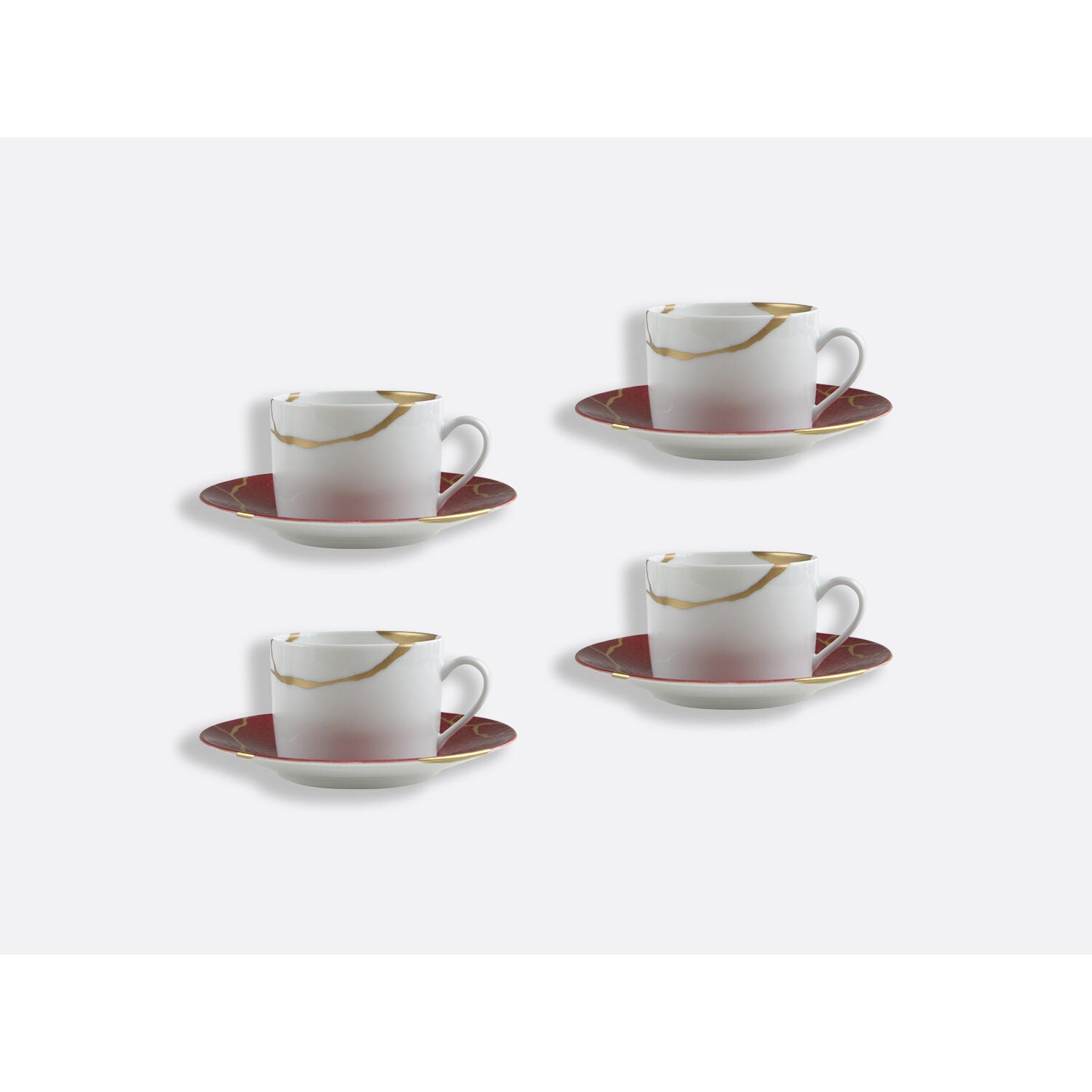 Bernardaud Set of tea cups and saucers 5 oz Rouge Empereur in Emperor Red, Limoges porcelain, Kintsugi - Sarkis collection, detail view