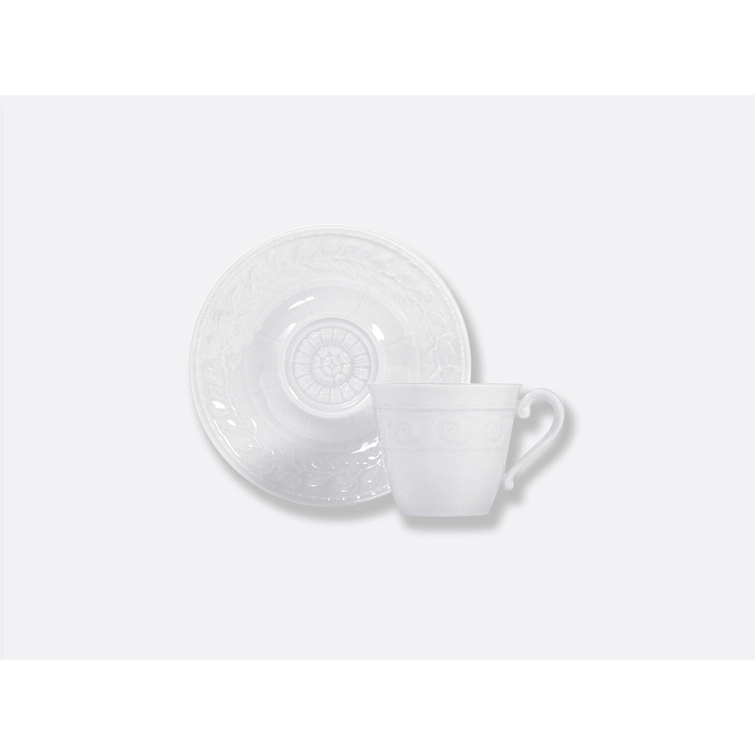 Bernardaud Espresso cup and saucer extra 4.4 oz, Limoges porcelain, Louvre collection, on a white background