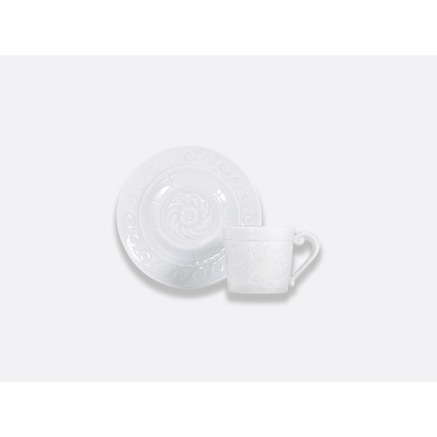 Bernardaud Moka cup and saucer 3.5 oz, Limoges porcelain, Louvre collection, on a white background
