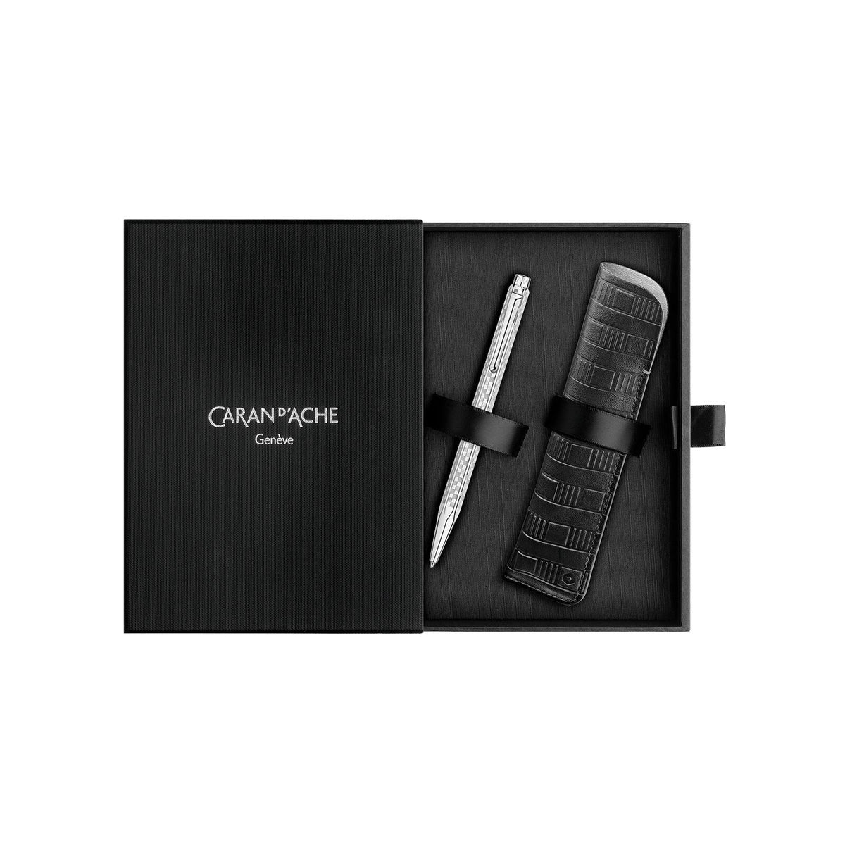 Caran d'Ache Ecridor Damier Gray Silver Ballpoint Pen & Leather Case Set, detail view 6