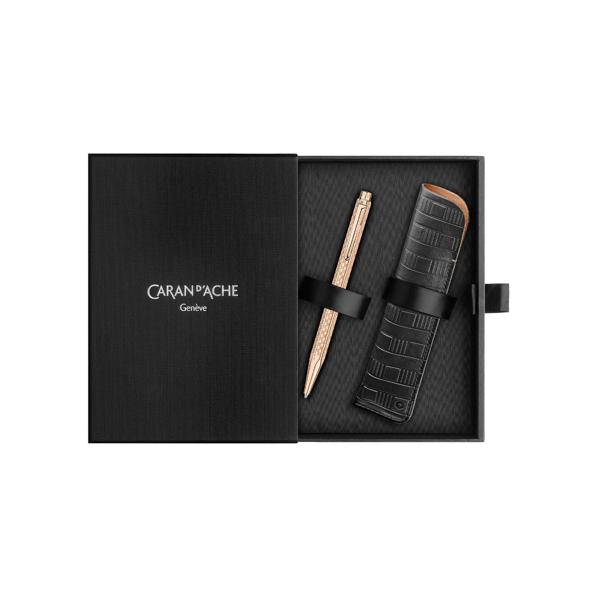 Caran d'Ache Ecridor Damier Rose Gold Ballpoint Pen & Leather Case Set, detail view 6