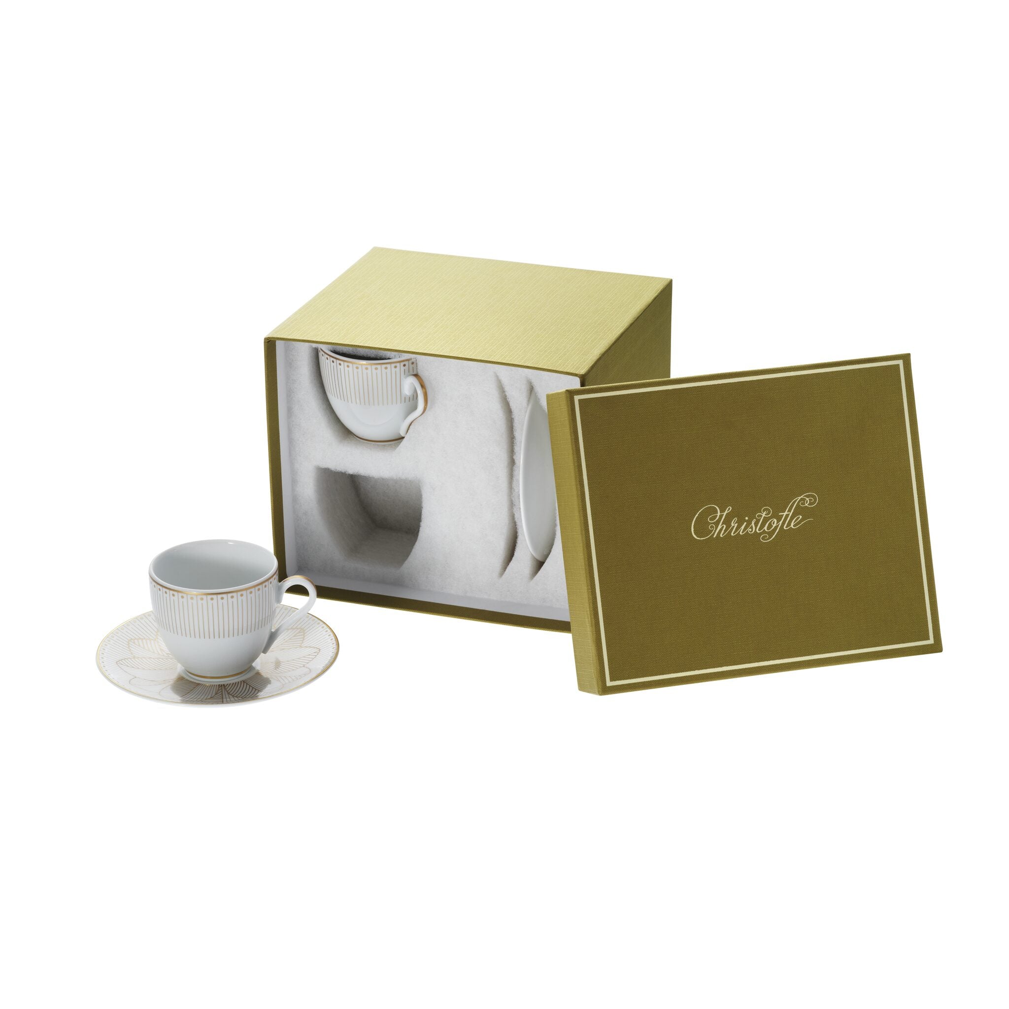Christofle Malmaison 2 Porcelain Coffee Cup and Saucers Gold Finish — additional view