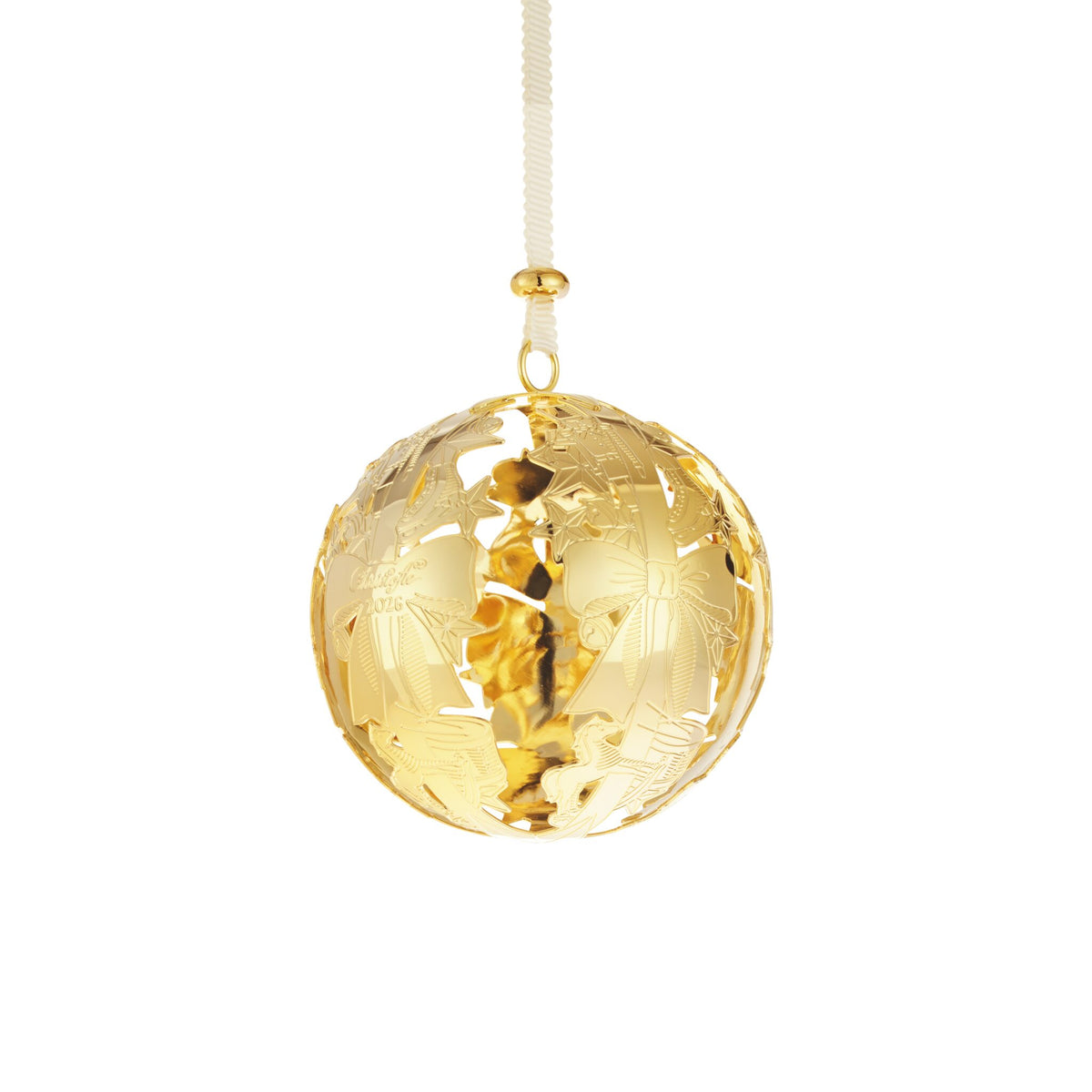 Christofle Sous le Sapin Gold-Tone Gilded Metal 2026 Edition Christmas Ornament on a white background