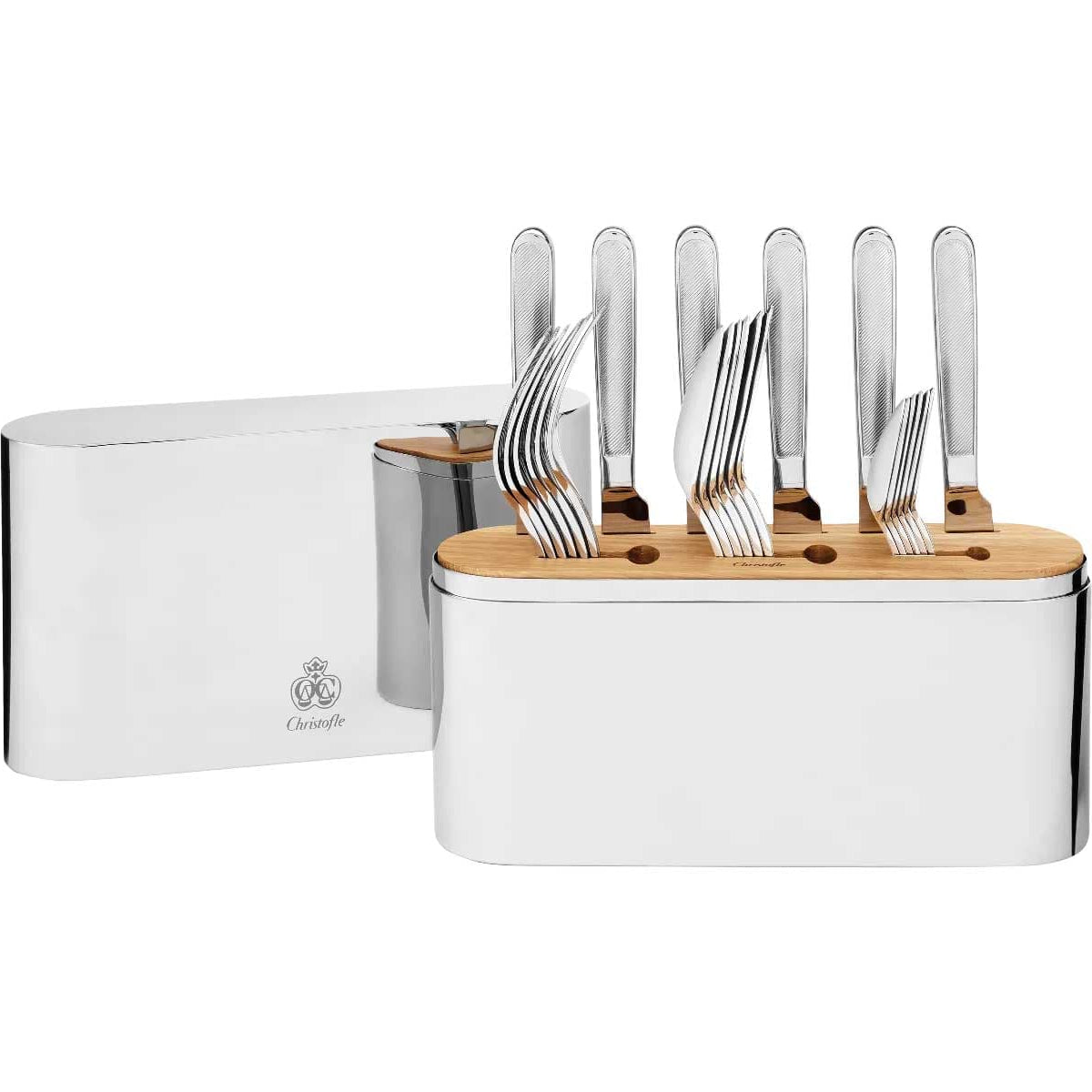 christofle concorde stainless steel flatware set for 24 people and case, includes 6 table forks, 6 dinner knives, 6 table spoons, and 6 coffee spoons.