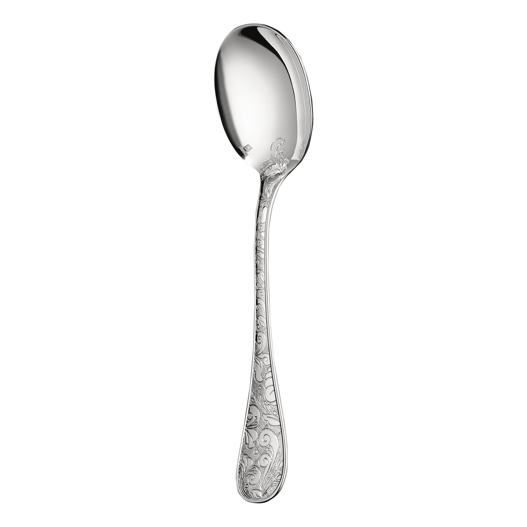 Christofle Jardin d'Eden Silver-Plated Cream Soup Spoon in silver-plate on a white background