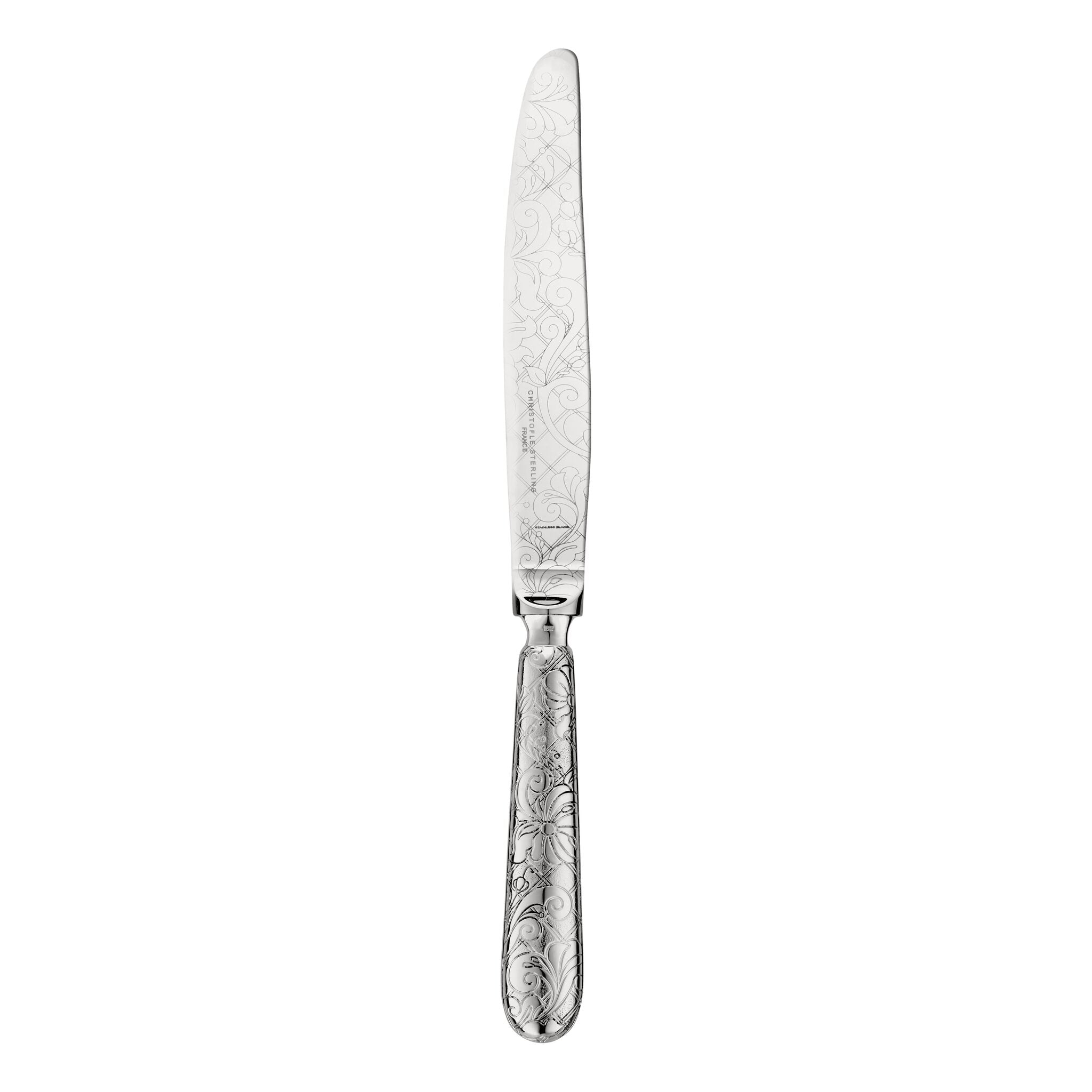 Christofle Jardin d'Eden Sterling Silver Dinner Knife in sterling silver on a white background